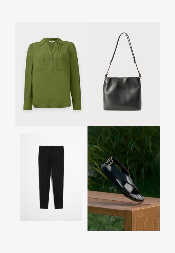 TOM TAILOR BLOUSE STRUCTURED SOLID - Blúzka - deep ivy green; Čierne legíny s vysokým pásom a viditeľnými vertikálnymi švami vpredu, ktoré majú štíhly a elastický strih siahajúci po členky.; Čierna kožená sandála s krížovým popruhom a zlatou sponou na zadnom remienku. Hladká textúra, plochá podrážka, prezentovaná na drevenom povrchu.; Čierna kožená kabelka s hladkou textúrou, vybavená jedným nastaviteľným popruhom a sťahujúcim detailom na vrchu.