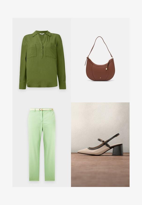TOM TAILOR BLOUSE STRUCTURED SOLID - Bluse - deep ivy green; Lysegrønne bomuldsbukser med lige pasform, som har et vævet beige bælte, frontlomme og ingen synlige mønstre eller udsmykninger.; Beige høje hæle slingback-sko med spids tå, sort kant og spænde detalje. Glat materiale med mat finish, mellemstor blokhæl.; Brun faux læder skuldertaske med buet form, minimal syning og en guldtonet hardwaredetalje. Har en top lynlåslukning og justerbar rem.