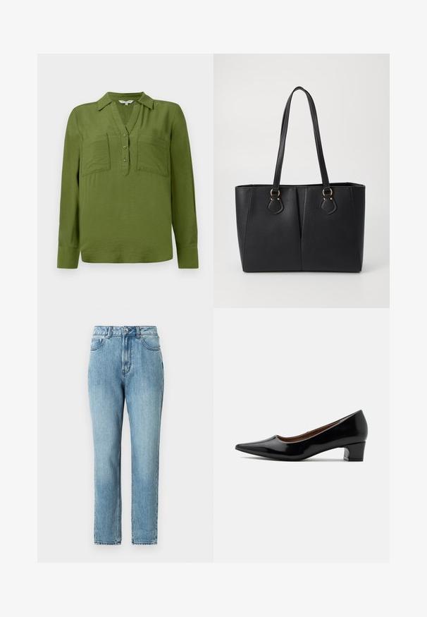 TOM TAILOR BLOUSE STRUCTURED SOLID - Blusa - deep ivy green; TOM TAILOR DENIM Vaqueros mom - clean mid stone blue denim; Zapato de salón bajo de piel de charol negra con punta afilada y tacón de bloque curvado, mostrado de perfil sobre un fondo claro y liso.; Bolso tote de cuero sintético negro con un acabado texturizado, dos asas largas y detalles en tono dorado en el lateral. Forma rectangular.