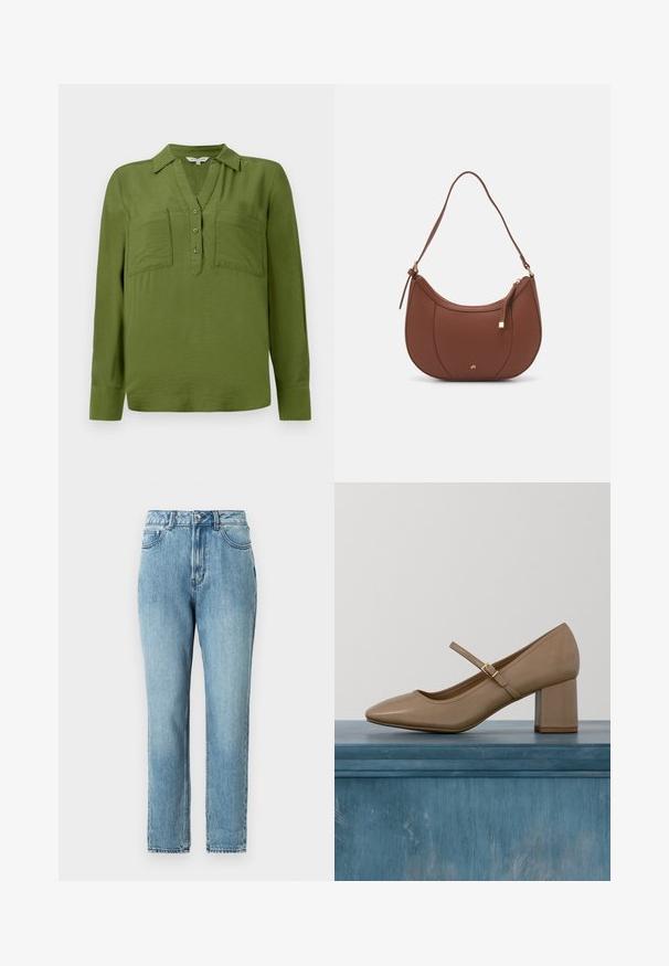 TOM TAILOR BLOUSE STRUCTURED SOLID - Μπλούζα - deep ivy green; TOM TAILOR DENIM Mom Jeans - clean mid stone blue denim; Μπεζ δερμάτινη γόβα με τετράγωνο τακούνι, στρογγυλεμένη μύτη και διακοσμητικό λουράκι με χρυσή αγκράφα. Λείο υφή, μινιμαλιστικός σχεδιασμός.; Καφέ ψεύτικη δερμάτινη τσάντα ώμου με καμπύλο σχήμα, ελάχιστη ραφή και χρυσή μεταλλική λεπτομέρεια. Διαθέτει κλείσιμο με φερμουάρ στην κορυφή και ρυθμιζόμενο λουρί.
