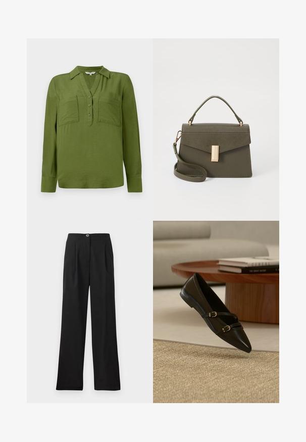 TOM TAILOR BLOUSE STRUCTURED SOLID - Blouse - deep ivy green; Zwarte, hoge taillebroek gemaakt van soepele stof, met voorplooien, een enkele knoopsluiting en brede pijpen. Geen zakken zichtbaar.; Zwarte platte schoen met puntige neus en twee dunne gespspanners die boven een beige tapijt zweven, met een houten salontafel en boeken op de achtergrond.; Kleine olijfgroene handtas met een gestructureerd ontwerp, voorzien van een bovenhandvat, een afneembare schouderriem en een gouden sluiting aan de voorkant.