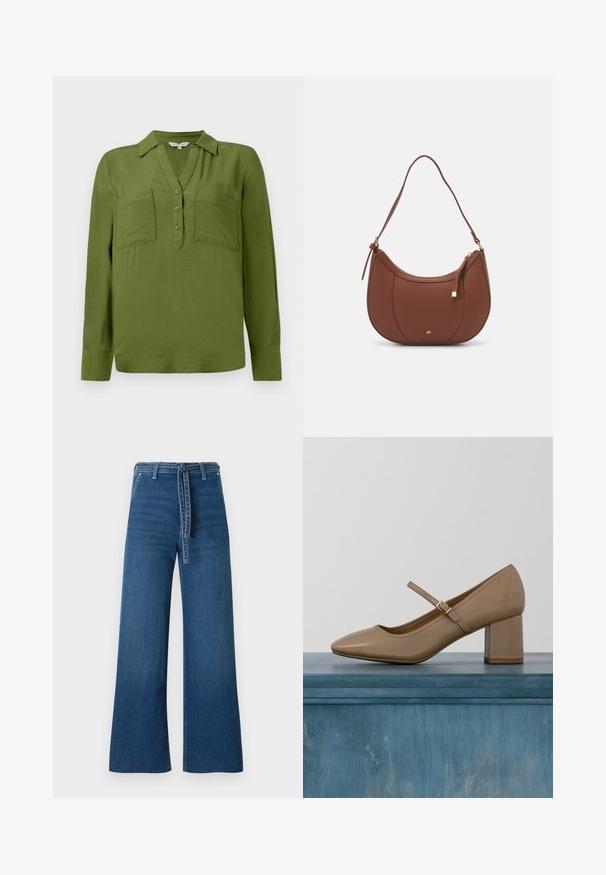 TOM TAILOR BLOUSE STRUCTURED SOLID - Bluse - deep ivy green; TOM TAILOR DENIM TTMIJA CULOTTE FIT - Flared Jeans - used mid stone blue denim; Beiger Lederschuh mit Blockabsatz, abgerundeter Spitze und dekorativem Riemen mit goldener Schnalle. Glatte Textur, minimalistisches Design.; Braune Kunstleder-Schultertasche mit geschwungener Form, minimaler Naht und goldfarbener Hardware-Akzent. Verfügt über einen oberen Reißverschluss und einen verstellbaren Trageriemen.