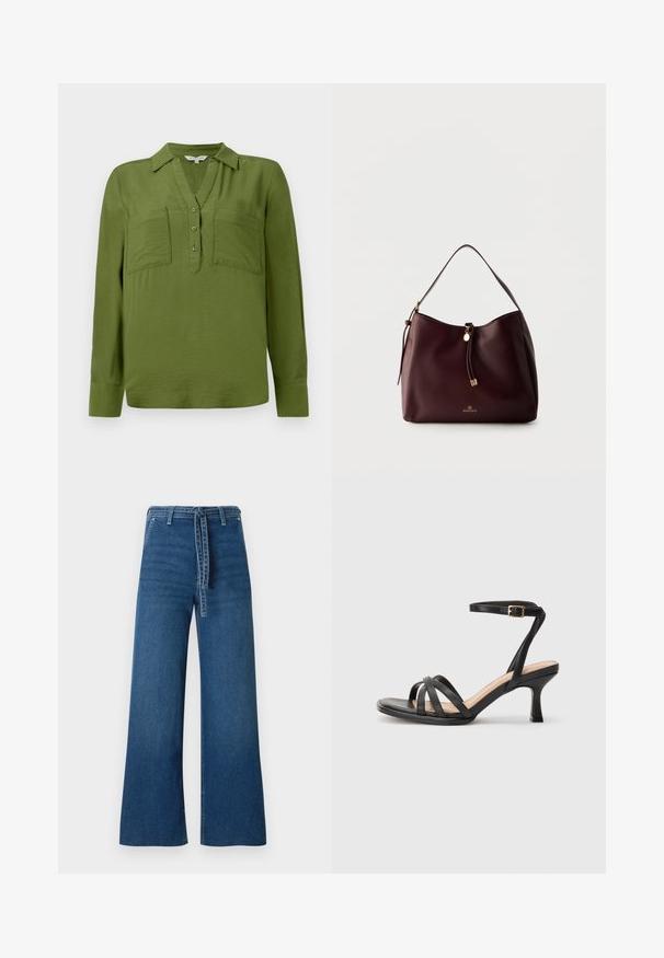TOM TAILOR BLOUSE STRUCTURED SOLID - Bluse - deep ivy green; TOM TAILOR DENIM TTMIJA CULOTTE FIT - Flared Jeans - used mid stone blue denim; Schwarze Absatzsandalen mit mehreren dünnen Riemen über den Zehen, einem einzelnen Knöchelriemen mit goldener Schnalle und einer quadratischen Zehenform.; Dunkelbraune Leder-Schultertasche mit geflochtenem Quaste, goldenen Details und Anna Field-Logo vorne vor einem schlichten hellen Hintergrund.