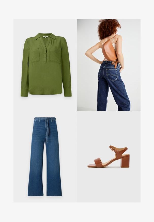 TOM TAILOR BLOUSE STRUCTURED SOLID - Blúzka - deep ivy green; TOM TAILOR DENIM TTMIJA CULOTTE FIT - Zvonové džínsy - used mid stone blue denim; Hnedé kožené sandále na podpätku so štvorcovou špičkou, nastaviteľným remienkom okolo členka a blokovým podpätkom. Hladká textúra a minimalistický dizajn.; Hnedý kožený batoh s jedinečným zakriveným dizajnom. Nosený diagonálne, v kombinácii s džínsami s vysokým pásom v modrej farbe a žltým šitím.