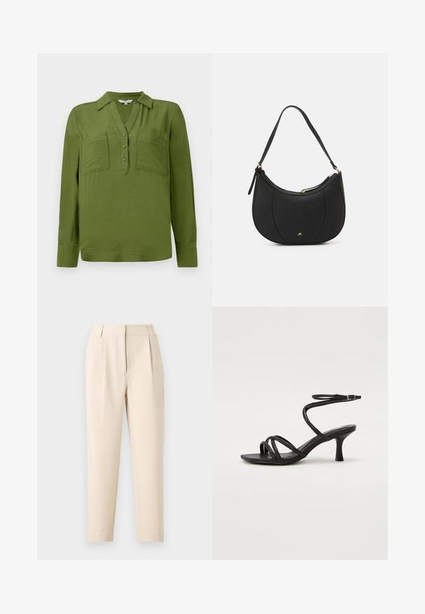 TOM TAILOR BLOUSE STRUCTURED SOLID - Μπλούζα - deep ivy green; beige ραμμένα παντελόνια με ίσια γραμμή, που διαθέτουν πιέτες μπροστά και λείο φινίρισμα. Το ύφασμα φαίνεται ελαφρύ και με υφή.; Even&Odd Wide Fit Σανδάλια - black; Μαύρη δερμάτινη τσάντα χειρός με καμπύλο σχήμα, υφή στην επιφάνεια, εμπρόσθια ραφή και λογότυπο σε χρυσό τόνο. Διαθέτει μία ρυθμιζόμενη ιμάντα.