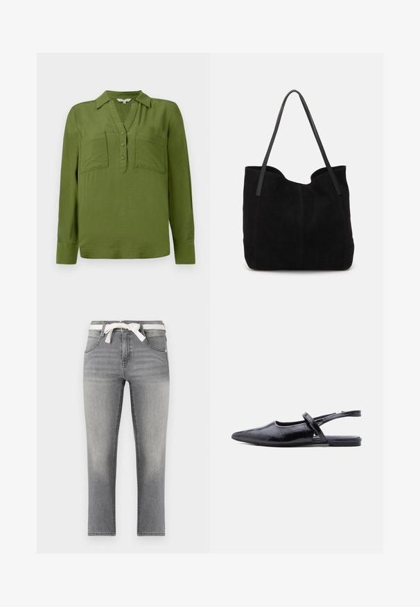 TOM TAILOR BLOUSE STRUCTURED SOLID - Blúzka - deep ivy green; Sivé džínsy s rovný strihom, s páskom so pruhmi, prednými vreckami a jemným vyblednutím na látke.; Čierna špicatá balerínka s otvorenou pätou, tenkým remienkom cez hornú časť a textúrovaným koženým vzorom.; Čierna semišová taška cez rameno s dvomi dlhými, plochými koženými popruhmi. Obsahuje zakrivený horný okraj a viditeľné stehy po prednej strane. Bez kovových akcentov.