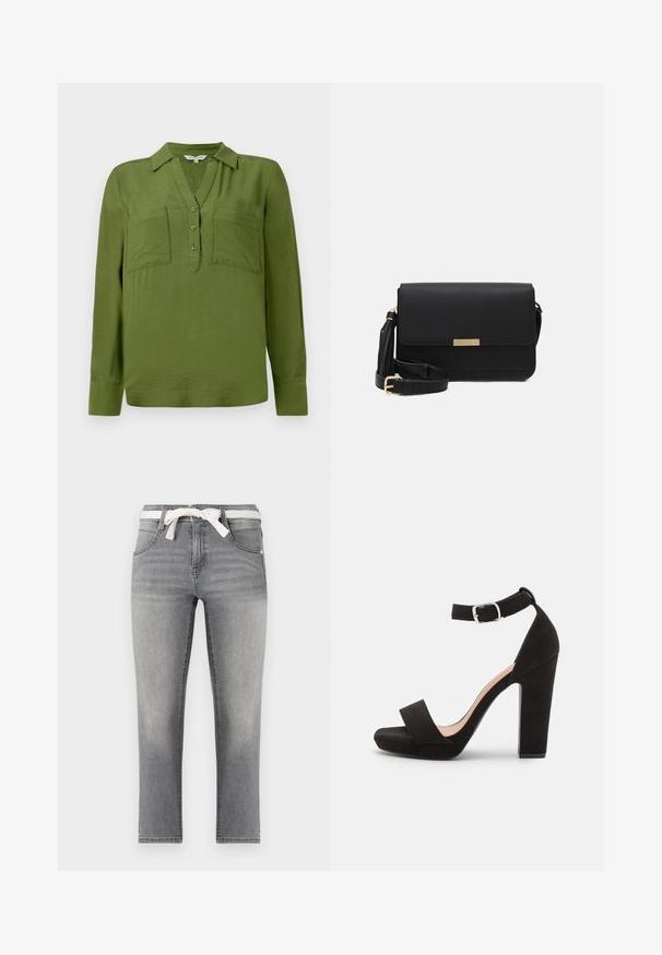 TOM TAILOR BLOUSE STRUCTURED SOLID - Blúzka - deep ivy green; Sivé džínsy s rovný strihom, s páskom so pruhmi, prednými vreckami a jemným vyblednutím na látke.; Anna Field by Zalando Sandále - black; Čierna kožená crossbody taška s klopou, zlatým kovovým doplnkom, nastaviteľným popruhom a textúrovaným povrchom. Kompaktný obdĺžnikový tvar.