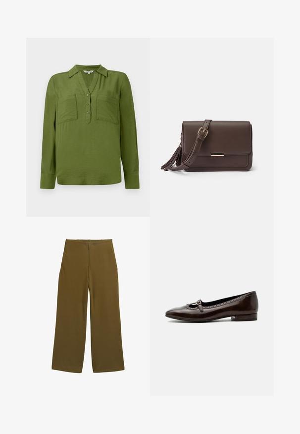TOM TAILOR BLOUSE STRUCTURED SOLID - Bluse - deep ivy green; Bredde benbukser i olivengrønt stof, med en glat tekstur og ingen synlige lukninger. Designet til en afslappet pasform med rene linjer.; Mørkebrun laklæder Mary Jane-sko med lav hæl, rund tå og lille spænde over toppen.; Brun faux læder crossbody taske med klaplukning, hardware i guldtone og sidepompom detalje. Justerbar rem for alsidig brug.