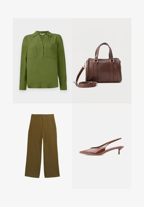 TOM TAILOR BLOUSE STRUCTURED SOLID - Bluse - deep ivy green; Bredde benbukser i olivengrønt stof, med en glat tekstur og ingen synlige lukninger. Designet til en afslappet pasform med rene linjer.; Blank brun slingback kitten heel med spids tå og lav, slank hæl på hvid baggrund.; Mørkebrun flettet læderhåndtaske med to fletninger som håndtag, gyldent metalbeslag og aftagelig skulderrem, der er snoet foran.