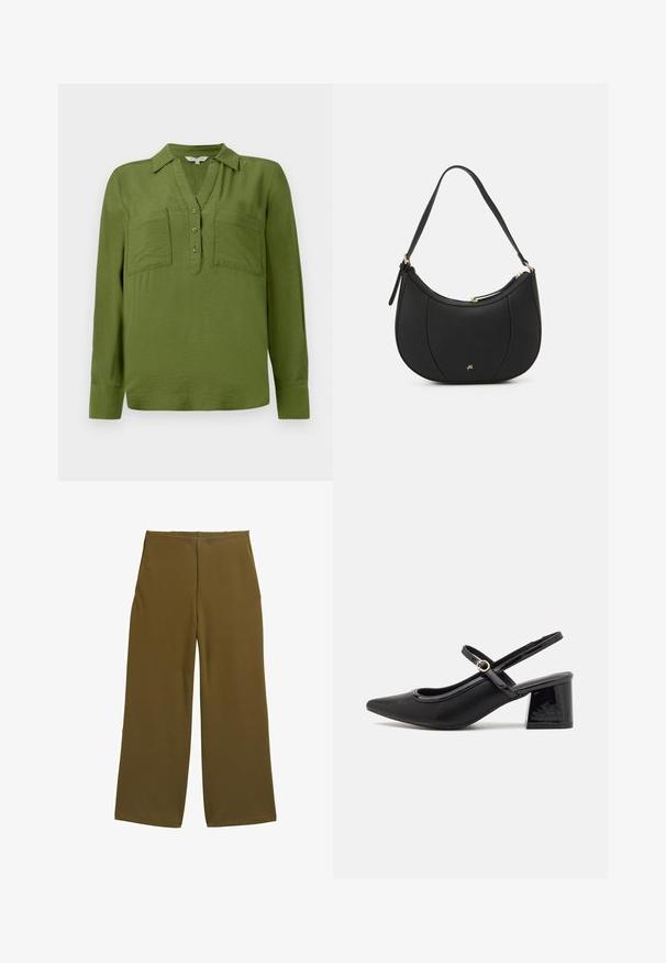 TOM TAILOR BLOUSE STRUCTURED SOLID - Bluse - deep ivy green; Weite Hosen aus olivgrünem Stoff mit glatter Textur und ohne sichtbare Verschlüsse. Entworfen für eine lockere Passform mit klaren Linien.; Schwarze Lackleder-Slingback-Absätze mit spitzer Zehenform, einem runden Ausschnitt-Design und einem Blockabsatz. Mit einem goldfarbenen Schnallenakzent.; Schwarze Lederhandtasche mit geschwungenem Design, strukturiertem Material, vorderen Nähten und einem Logo in Goldtönen. Verfügt über einen einzelnen verstellbaren Tragegurt.