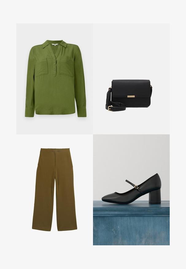 TOM TAILOR BLOUSE STRUCTURED SOLID - Bluse - deep ivy green; Bredde benbukser i olivengrønt stof, med en glat tekstur og ingen synlige lukninger. Designet til en afslappet pasform med rene linjer.; Sort Mary Jane-sko med blokhæl og guldfarvet spænde, svævende over et glat betongulv i en minimalistisk indendørs setting.; Sorte læder crossbody taske med flaplukning, guldfarvede Hardware, justerbar rem og tekstureret overflade. Kompakt rektangulær form.