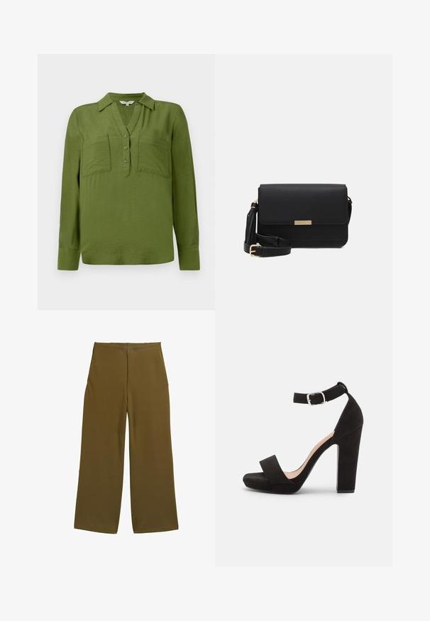TOM TAILOR BLOUSE STRUCTURED SOLID - Bluse - deep ivy green; Weite Hosen aus olivgrünem Stoff mit glatter Textur und ohne sichtbare Verschlüsse. Entworfen für eine lockere Passform mit klaren Linien.; Anna Field Riemensandalette - black; Schwarze Leder-Crossbody-Tasche mit Klappenverschluss, goldenen Beschlägen, verstellbarem Tragegurt und strukturiertem Material. Kompakte, rechteckige Form.