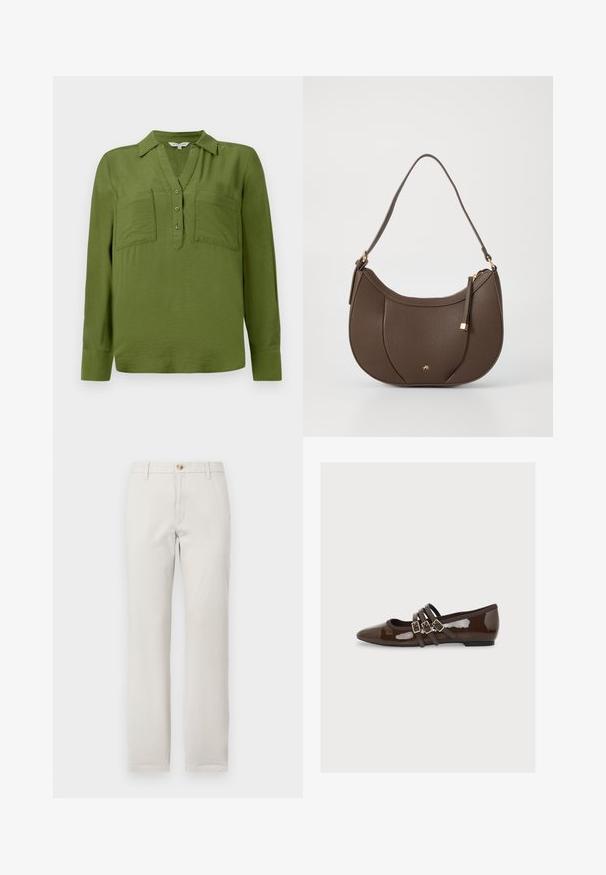 TOM TAILOR BLOUSE STRUCTURED SOLID - Blouse - deep ivy green; Rechtrand beige broek met riemlussen, knoopsluiting aan de voorkant en ritssluiting op een effen witte achtergrond.; Donkerbruine platte lakleren schoen met spitse neus en drie dunne bandjes met gouden gespen over de wreef.; Bruine leren schoudertas met een gebogen vorm, benadrukt door een klein gouden hardware detail en een textuur oppervlak, met een ritsluiting.