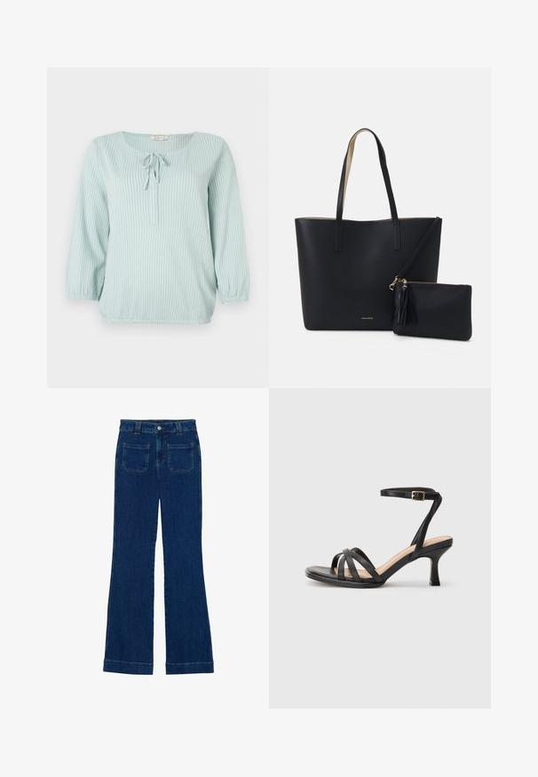 Lyseblå bluse med lange ærmer og hvide lodrette striber, rund halsudskæring, detaljer med rynke foran og elastiske manchetter og kant.; Mørkeblå flared jeans i denim med en glat tekstur, fem-lomme design og en knaplukning i taljen.; Sorte høje hæle sandaler med flere tynde stropper over tæerne, en enkelt ankelstrop med en gylden spænde og en firkantet tå.; Sort tote taske med struktureret materiale, to lange håndtag og en aftagelig lynlåspose med en frynse-detalje. Guld mærkelogo synligt.