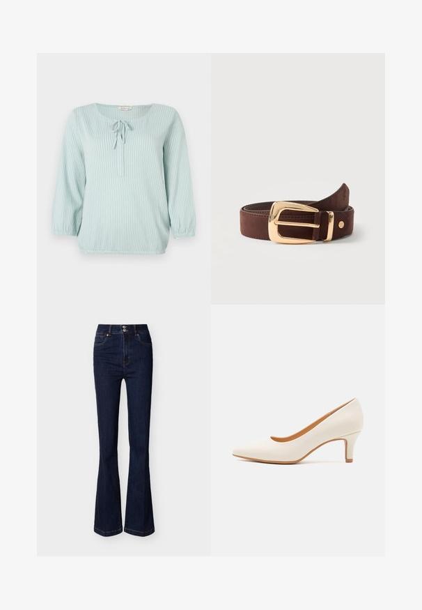Lyseblå bluse med lange ærmer og hvide lodrette striber, rund halsudskæring, detaljer med rynke foran og elastiske manchetter og kant.; Mørkeblå, højtaljede denimjeans med vide ben, forlommer og dobbelt knaplukning i taljen.; Hvid læder højhælet sko med spids tå og en slank, let skrå hæl. Glat tekstur med et minimalistisk design og tan sål.; Brunt læderbælte rullet sammen med en skinnende gylden rektangulær spænde og lille rund metal logo nær spidsen.