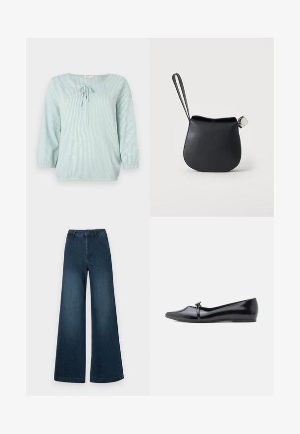 Helle blaue Bluse mit langen Ärmeln und weißen vertikalen Streifen, rundem Halsausschnitt, vorderem Bindedetail sowie elastischen Bündchen und Saum.; Dunkelblaue High-Waist-Jeans mit weitem Bein, Taschen vorne und Gürtelschlaufen auf weißem Hintergrund.; Schwarzer Ballerina aus Lackleder mit spitzer Kappe, dekorativem Riemen und glatter Textur. Minimalistisches Design ohne sichtbare Akzente.; Schwarze Leder-Handgelenktasche mit abgerundetem Boden und silbernem Verschluss auf schlichtem weißem Hintergrund.