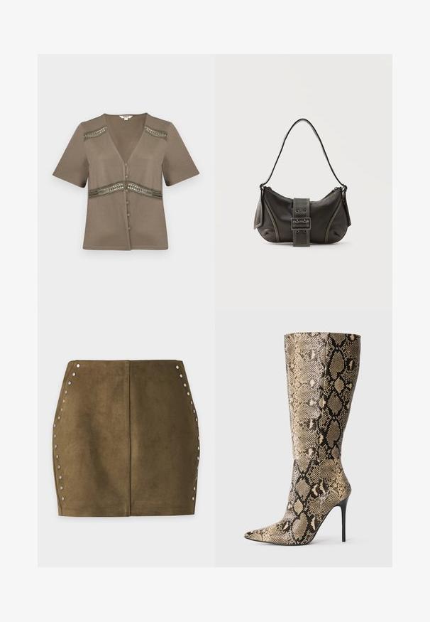 Taupe kort mouw vestje met V-hals, knoopsluiting aan de voorkant en decoratieve horizontale kanten en paillettenbanden over de borst en schouders.; Olijfgroene suède minirok met zilveren studs langs de gebogen zijnaden en een verticale centrale naad.; Kniehoge stiletto laars met spitse neus en een beige-zwarte slangenleren patroon, weergegeven vanaf de zijkant op een effen achtergrond.; Zwarte leren schoudertas met gespsluiting aan de riem, afgeronde hoeken en contrasterende witte stiksels op een effen achtergrond.