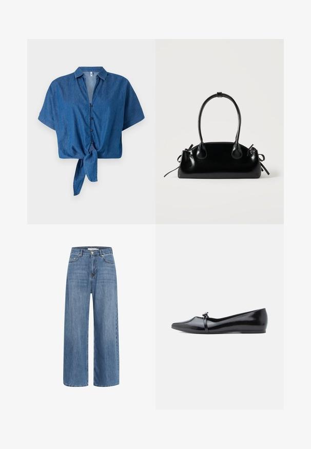 Blauwe denim korte mouwen shirt met een kraag, knopen aan de voorkant en een gestrikt ondersegment. Zachte textuur en casual ontwerp.; Blauwe denim wijdvallende jeans met een hoge taille, twee voorzakken en subtiele vervaging. Beschikt over contrasterende stiksels en een klassieke knoopsluiting.; Zwarte lakleren balletflat met een spitse neus, decoratieve riem en een gladde textuur. Minimalistisch ontwerp zonder zichtbare accenten.; Kleine zwarte glanzende handtas met twee lange hengsels en zijkant trekkoord details op een effen lichte achtergrond.