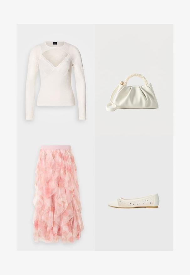 Haut blanc à manches longues en dentelle avec un décolleté en V et une délicate bordure en dentelle le long de l'encolure. Comprend une fermeture à boutons au niveau du col.; Jupe midi en tulle rose à couches avec motif floral et taille élastique, présentant des textures douces et volantées.; Mocassins à bout pointu en cuir crème avec un dessus transparent ornés de strass dispersés. Semelle douce pour le confort, design minimaliste.; Petit sac à main blanc avec un corps froncé, une poignée ronde ornée de perles et une bandoulière amovible sur un fond uni.