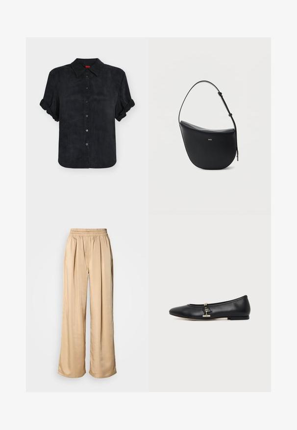 Chemise noire à manches courtes boutonnée avec poignets pliés et col pointu, présentée sur un fond clair uni.; Pantalon beige à jambes larges avec taille élastique et plis à l'avant, fabriqué en tissu lisse et brillant.; Chaussure plate en cuir noir avec bout arrondi et petit détail de boucle dorée sur le côté, présentée sur un fond clair uni.; Sac à bandoulière en cuir noir en forme de demi-lune avec une bandoulière réglable et le logo doré « BOSS » centré sur le devant.