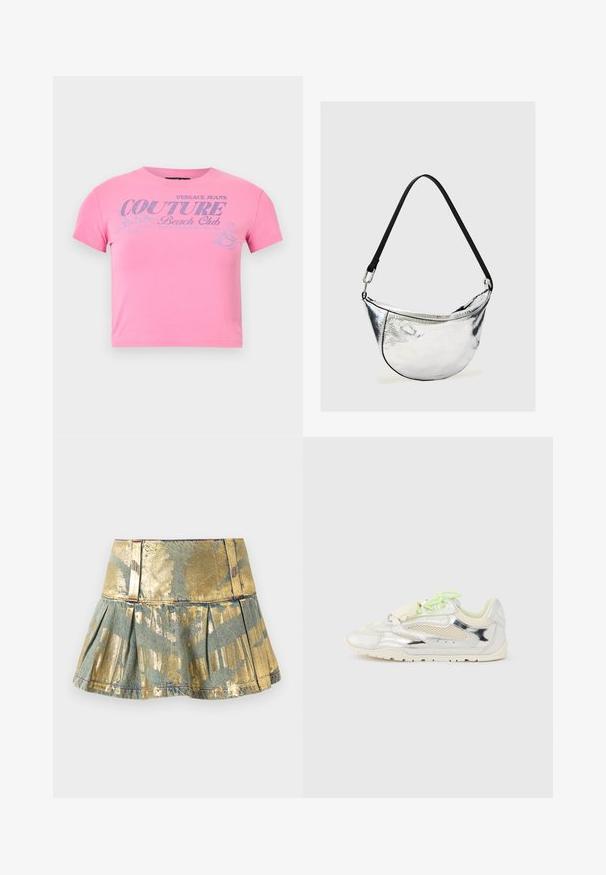 Roze korte cropped t-shirt met zilveren glittertekst "Versace Jeans Couture Beach Club" en een kleine afbeelding van een surfende vrouw.; Gouden en teal geplooide spijkerrok met een glanzende afwerking, met een aansluitende tailleband en contrasterende stikseldetails.; Zilveren sneakers met een mix van mesh- en leermaterialen. Heeft felgroene veters en een gestructureerde zool. Minimalistisch ontwerp met glanzende accenten.; Zilverkleurige metalen schoudertas in halve maan vorm met zwarte verstelbare riem en ritssluiting op effen lichte achtergrond.