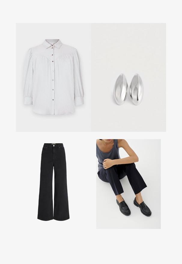Blouse rayée bleu clair et blanche avec une fermeture à boutons, un col et des manches bouffantes. Présente des détails froncés et des boutons en or rose.; Jean en denim noir à jambes larges avec design à cinq poches, taille haute et fermeture à bouton. Présente des coutures discrètes et une finition soignée.; Mocassins en cuir noir avec accents texturés, talon bas, bout arrondi, et coutures visibles. Modèle portant un pantalon sombre et un haut gris.; Paire d'objets ovales en argent luisant et lisse disposés côte à côte sur un fond blanc uni.