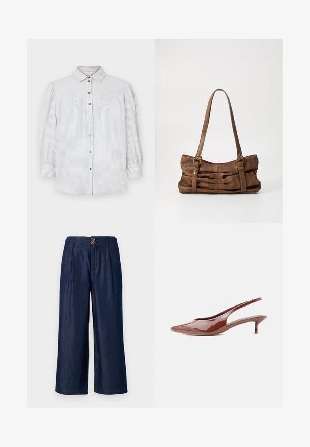 Hellblau-weiß gestreifte Bluse mit Knopfleiste, Kragen und puffigen Ärmeln. Verfügt über geraffte Details und roségoldene Knöpfe.; Weite Denim-Hosen in Dunkelblau mit doppeltem Knopfverschluss, ausgestattet mit Falten, einer glatten Textur und einem geraden Saum.; Glänzender brauner Slingback-Klett mit spitzem Zehenbereich und niedrigem, schlankem Absatz auf weißem Hintergrund.; Even&Odd Handtasche - brown