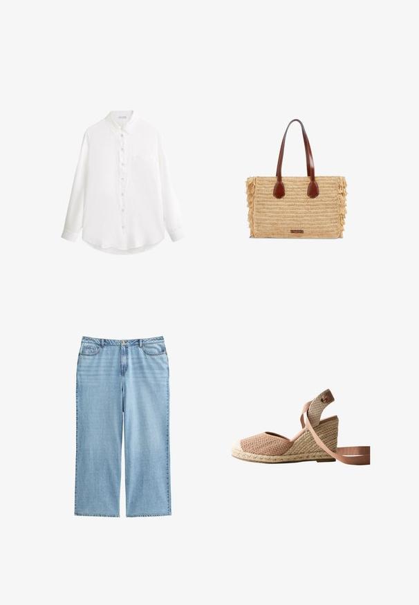 Witte blouse met lange mouwen, knoopsluiting, kraag en borstzak, plat gelegd op een witte achtergrond.; Lichtblauwe denim culottes met een hoge taille, brede benen en een vijf-pocket ontwerp met contrasterende stiksels en een knoopsluiting.; Wedge espadrille met beige en roze geweven bovenwerk, gevlochten jutezool en roze enkelriem op witte achtergrond.; Rechthoekige geweven strohandtas met bruine leren handvatten en franjes aan de zijkanten, met een klein voorlabel.