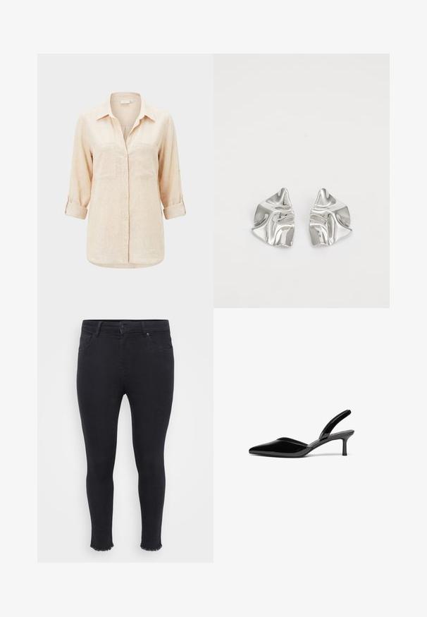 Beige langärmliges Hemd mit Kragen, zwei Brusttaschen und hochgekrempelten Ärmeln.; Schwarze Skinny-Jeans aus Denim mit ausgefranstem Saum am Knöchel, zwei Fronttaschen und einer Knopfverschluss am Bund.; Schwarze Lackleder-Slingback-Pumps mit spitzem Fuß, niedrigem Stiletto-Absatz und einem eleganten, schlichten Design ohne Verzierungen.; Silberne Metallohrringe mit einem wellenförmigen, skulpturalen Design, das eine polierte Oberfläche und unregelmäßige Formen aufweist, die eine zeitgenössische Ästhetik betonen.