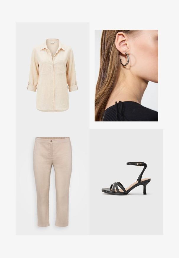 Camisa beige de manga larga con cuello, dos bolsillos en el pecho y mangas remangadas.; Pantalones recortados de lino beige con flat front, cierre de botón y cintura elástica. Textura suave con costuras mínimas y sin bolsillos.; Sandalias negras de tacón alto con múltiples tiras finas en la parte delantera, una sola tira en el tobillo con un hebilla dorada y punta cuadrada.; Pendiente de aro de plata con un acabado pulido, que presenta pequeños detalles en dorado y una forma redonda, llevado en el lóbulo.