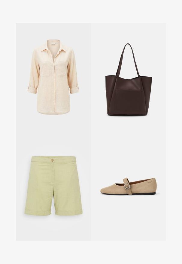 Chemise beige à manches longues avec col, deux poches sur la poitrine et manches retroussées.; Shorts en lin vert clair avec une fermeture à bouton, texture lisse, ourlets roulés et un design simple et droit.; Ballerines en daim beige de style Mary Jane avec un bout pointu et une seule sangle réglable dotée d'une boucle en métal argenté. Semelle plate noire.; Sac fourre-tout brun en matériau lisse, avec une grande poche avant, deux poignées et un design structuré simplifié.