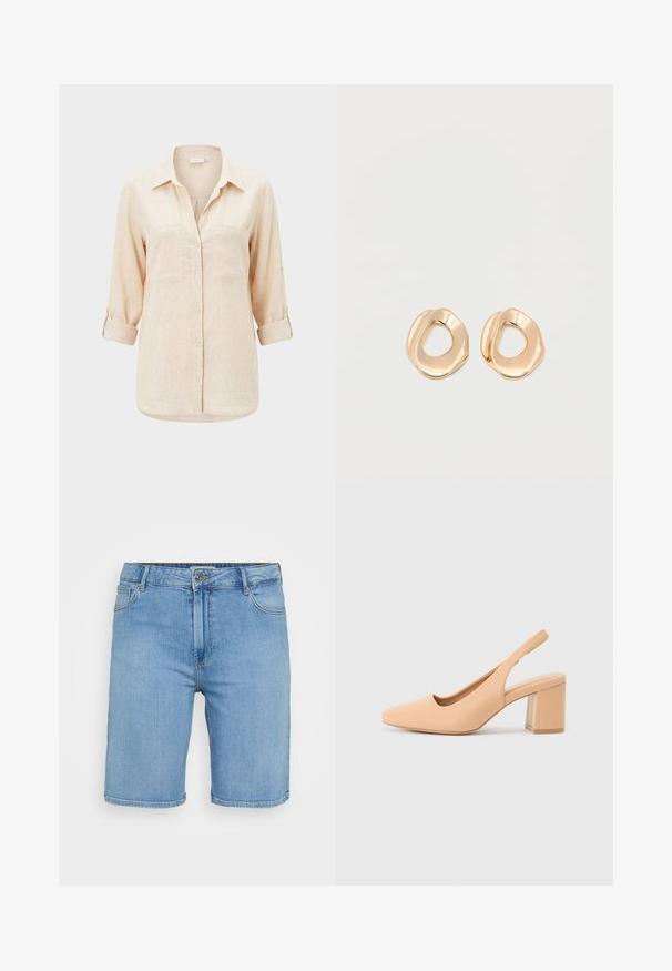 Beige langærmet skjorte med krave, to brystlommer og op-rullede ærmer.; Lys blå denim shorts med klassisk pasform, der har en frontknaplukning, bæltestropper og to sidelommer. Glat tekstur og lige kant.; Beige slingback hæl, lavet af glat syntetisk materiale. Den har en firkantet tå, åbne sider og en kraftig blokhæls. Simple design.; Par af uregelmæssigt formede, polerede øreringe i guldfarvet metal med åben midte på en ens hvid baggrund.