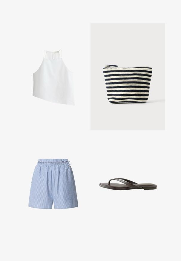 Weißes ärmelloses Neckholder-Top mit dünnen Trägern und asymmetrischem Saum, mit Reißverschluss am hinteren Halsausschnitt.; Gestreifte blaue Shorts mit einem elastischen Taillenbund und geflochtenem Kordelzug. Verfügt über vertikale weiße Streifen und ein entspanntes Design.; Dunkelbraune flache Flip-Flop-Sandale mit dünnen Riemen und leicht gepolstertem Fußbett, dargestellt aus der Seitenansicht auf weißem Hintergrund.; Kleines Reißverschlusstäschchen mit horizontalen schwarz-weißen Strickstreifen, flachem Boden und sichtbarem Zipper oben.
