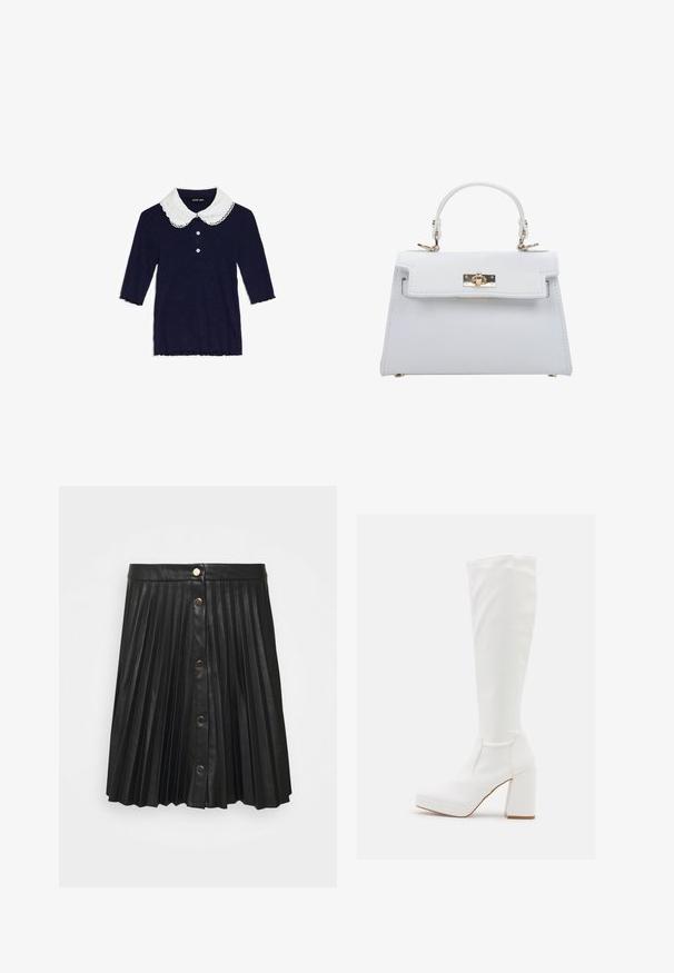 Marineblauw geribd gebreid topje met driekwartmouwen, witte gegolfde Peter Pan-kraag en drie knopen aan de voorkant.; VILA VIAMINA BUTTON SKIRT - Minirok - black; RAID CANNON - Plateaulaarzen - white; ESTRO Handtas - white