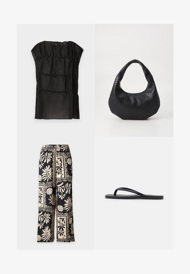 Blouse noire sans manches avec un motif quadrillé texturé, col froncé et coupe ample, présentée à plat sur un fond clair.; Pantalon à jambes larges avec motifs floraux et feuillus noirs et beiges disposés en blocs carrés, avec une taille élastique.; Tongs noires au design minimaliste avec une semelle plate, des brides étroites et une texture lisse. Pas de motifs ou d'accents supplémentaires.; Sac à main tissé noir avec une poignée courbée, présentant une surface texturée et une forme décontractée. Fini lisse avec une silhouette organique.