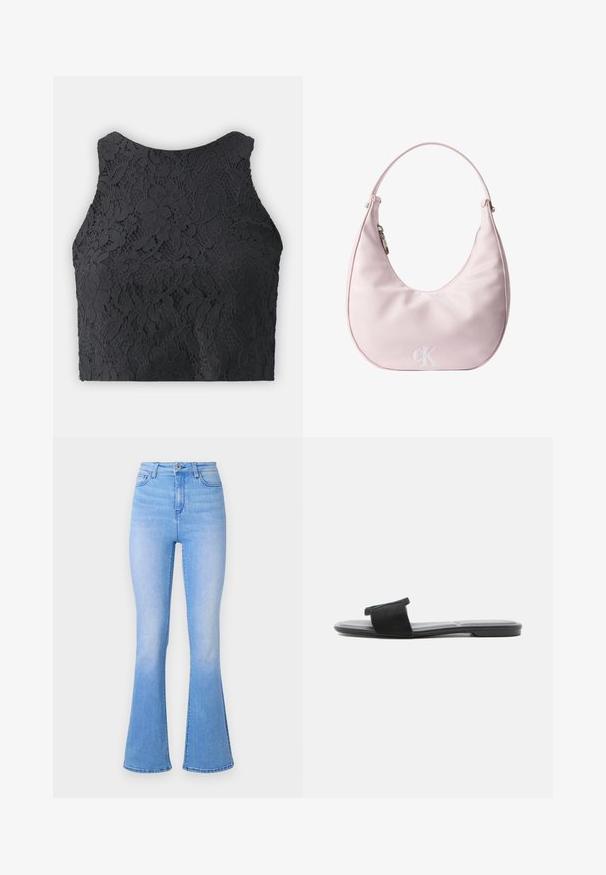 Sort blonde crop top med høj hals, der har blomsterdesign og en tekstureret overflade. Ærmeløst design med en tætsiddende facon.; Lyseblå flared jeans med høj talje, lavet af denim. Har en glat tekstur og en subtil falmende effekt mod kanten. Klassisk fem-lomme design.; Sort flad slidssandal med bred rem over foden og et firkantet tådesign på hvid baggrund.; Lyserød håndtaske i halvmåneform med en enkelt strop, sølvlynlås på siden og præget "cK"-logo på fronten midt for.