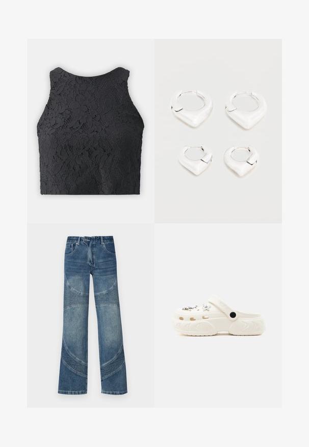 Čierny čipkový crop top s vysokým výstrihom, ktorý obsahuje kvetinové vzory a textúrovaný povrch. Bezrukávový dizajn s priliehavým strihom.; Džínsy z modrej denimovej látky s vysokým pásom a širokými nohavicami, s zakriveným švom a ryhovanými časťami na dolnej časti. Neformálny štýl.; Biele nazúvacie dreváky s ventilačnými otvormi, hviezdičkovými a korálikovými príveskami, nastaviteľným zadným remienkom a hrubou textúrovanou podrážkou.; Dve páry lesklých strieborných kruhových náušníc s výrazným špicatým, V-tvarovým dizajnom, zobrazené na bielom pozadí.