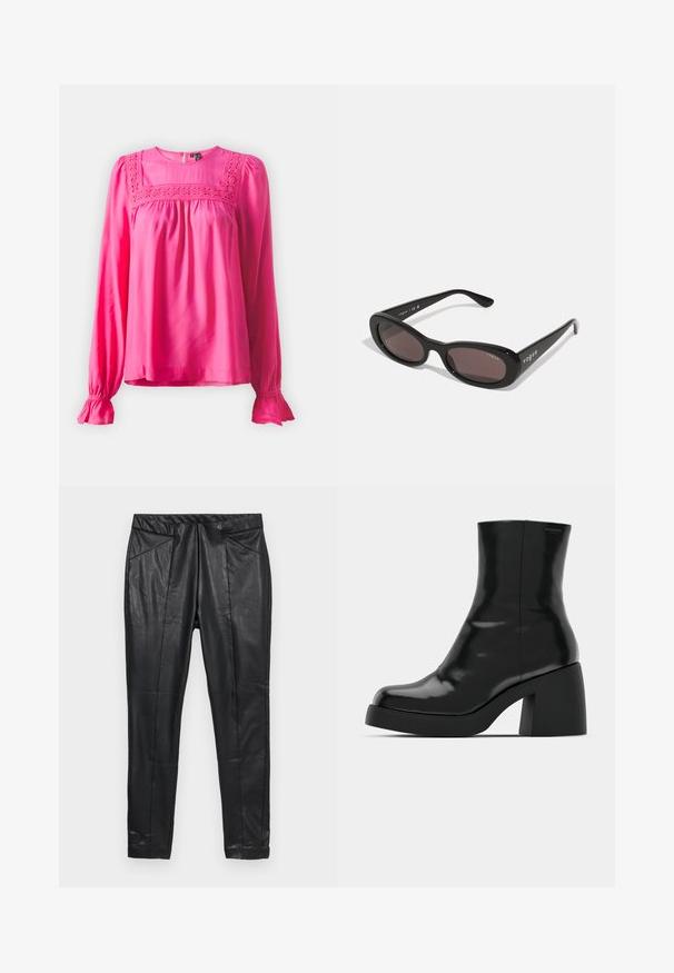 Blusa rosa de manga larga con escote redondeado, que presenta detalles de encaje en el cuerpo y puños con volantes. Textura de tela suave.; Pantalones de cuero negro de corte ajustado, con cintura elástica y dos bolsillos frontales con detalles cosidos. Acabado suave y texturizado.; Botas de tobillo negras con un acabado brillante, punta cuadrada y un tacón grueso en bloque. El diseño presenta una silueta sin costuras y un minimalismo en la marca.; Gafas de sol negras con montura ovalada, lentes oscuros y "vogue" impreso en blanco en las varillas exteriores. Material plástico suave.