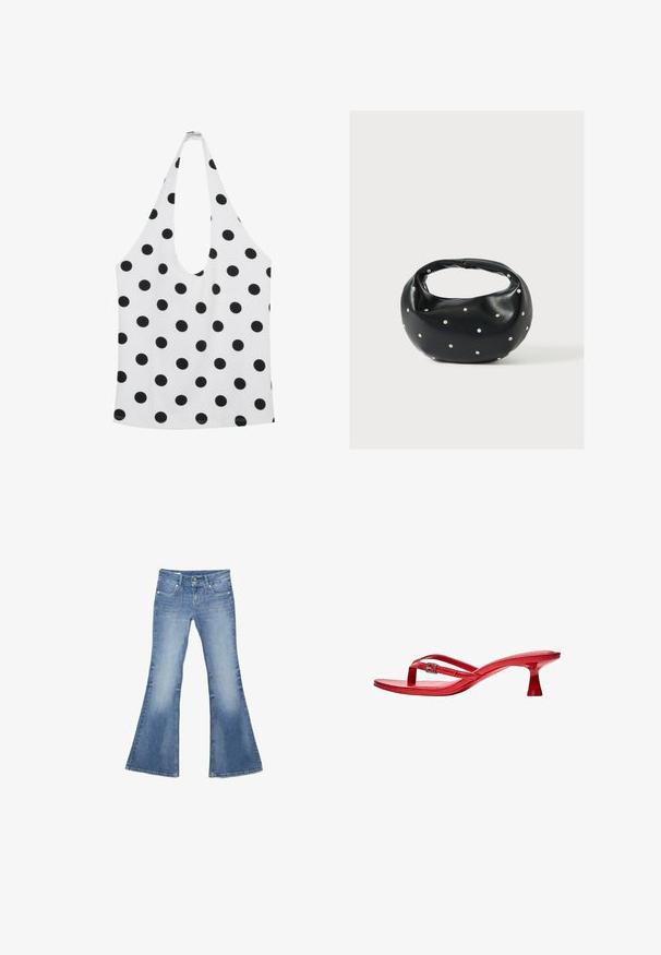 Haut blanc sans manches à pois noirs avec un profond décolleté arrondi.; Jean en denim bleu clair avec jambes évasées larges, poches plaquées avant et fermeture à double bouton sur fond blanc.; Bershka THAONG KITTEN HEEL - SANDALS - Sandales tongs - red; Sac à main en cuir noir de forme arrondie, décoré de clous argentés et équipé d'une poignée courte. Texture lisse et fermeture éclair.
