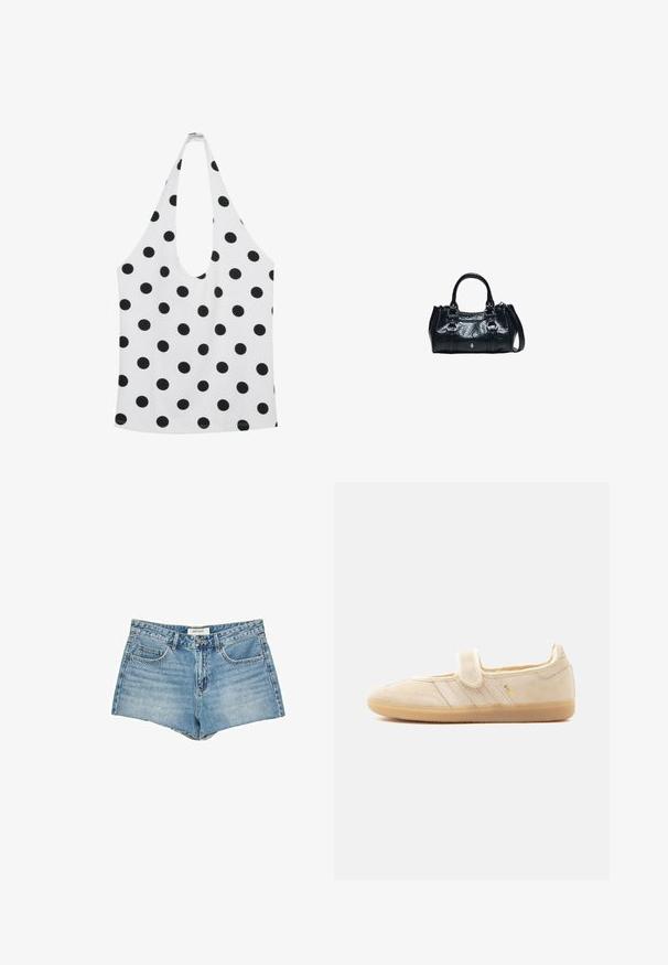 Hvid ærmeløs haltertop med sorte polkaprikkker og dyb rund halsudskæring.; Jeanshorts, lys blå, høj talje, fem-lomme design, flosset kant, standard knaplukning, logoetiket på taljebåndet.; Beige ruskind Mary Jane sneaker med velcrolukning, gummisål, tre syede striber og gyldent "SAMBA" branding på siden.; Sort læderhåndtaske med to top håndtag, dekorative spænder og en aftagelig skulderrem på hvid baggrund.
