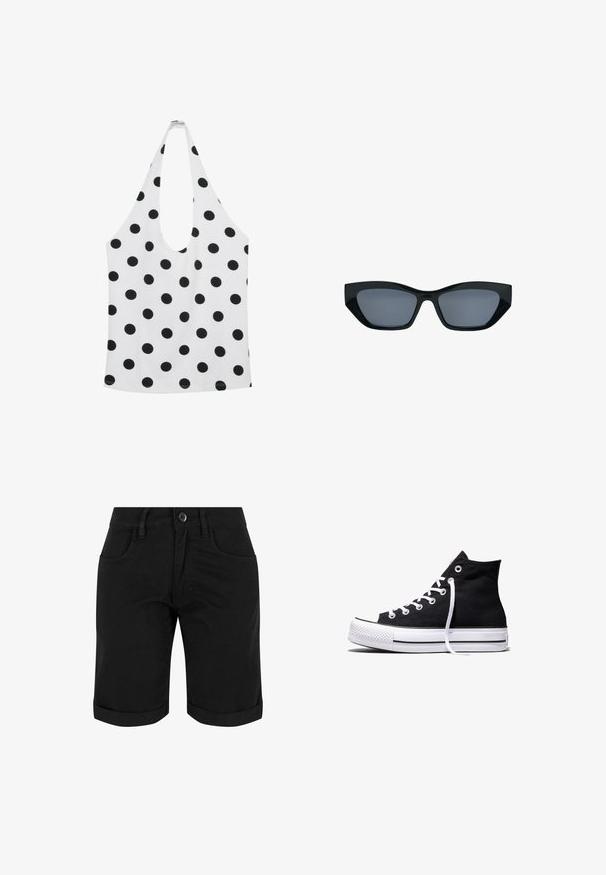 Hvid ærmeløs haltertop med sorte polkaprikkker og dyb rund halsudskæring.; Sorte bomuldsshorts med knaplukning, der har opsmøg, to frontlommer og en glat tekstur.; Sort high-top canvas sneaker med hvid gummisål og hvide snørebånd, vist fra siden mod en hvid baggrund.; Sorte katteøje-solbriller med tykke stel og mørke tonede linser, vist mod en hvid baggrund.