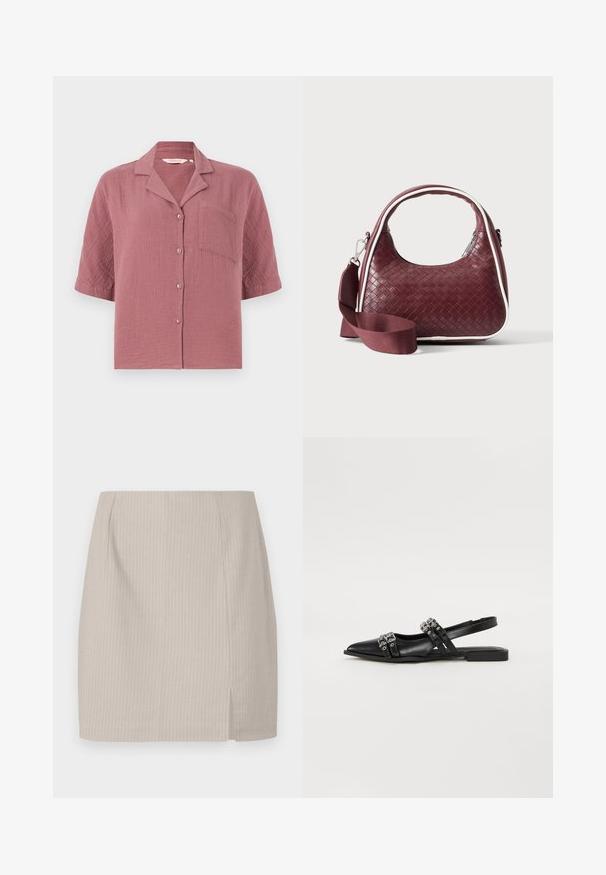 Chemise à manches courtes couleur rose poussiéreux avec col et une poche poitrine unique, fabriquée en tissu texturé.; Jupe crayon beige avec une texture rayée, une coupe droite et une fente sur le côté pour plus de mouvement. Fabriquée en tissu léger.; Even&Odd by Zalando Ballerines à brides arrière - black; Sac à main en cuir tressé marron foncé avec poignée courbée, garniture blanche, fermeture éclair argentée et bandoulière large en tissu amovible sur fond uni.