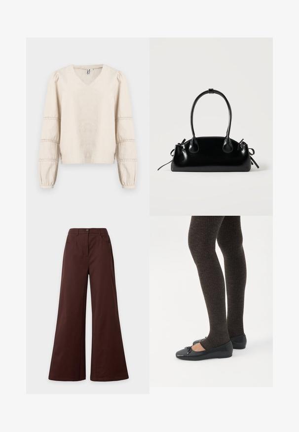 Hellbeige Bluse mit V-Ausschnitt, langen Puffärmeln und Spitzenverzierung an den Manschetten. Hergestellt aus weichem, strukturiertem Stoff.; Braune Hose mit weitem Bein, vorderer Knopf und Taschen, auf hellem einfarbigem Hintergrund dargestellt.; Beine in dunklen, gerippten Leggings kombiniert mit schwarzen Ballerinas mit kleinen Schleifendetails auf weißem Hintergrund.; Kleine schwarze glänzende Handtasche mit zwei langen Griffen und seitlichen Kordelzug-Details vor einfachem hellem Hintergrund.