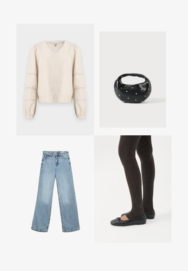 Lichtbeige blouse met een V-hals, lange pofmouwen en kanten details rond de manchetten. Gemaakt van zacht, getextureerd stof.; Lichtblauwe jeans met hoge taille en wijde pijpen, met knoop- en ritssluiting, voor- en achterzakken en riemlussen.; Benen met donkere geribbelde leggings gecombineerd met zwarte ballerina's met kleine strikdetails op een witte achtergrond.; Zwarte leren handtas met een afgeronde vorm, versierd met zilveren studs, en een korte handgreep. Gladde textuur en ritsluiting.