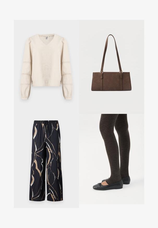 Lichtbeige blouse met een V-hals, lange pofmouwen en kanten details rond de manchetten. Gemaakt van zacht, getextureerd stof.; Wijde broek in een donker marineblauwe stof, met een gedurfde abstracte patroon in beige en wit. Elastische tailleband met een trekkoord detail.; Benen met donkere geribbelde leggings gecombineerd met zwarte ballerina's met kleine strikdetails op een witte achtergrond.; Bruine rechthoekige schoudertas met lange riemen en minimale stikdetails op een effen achtergrond.