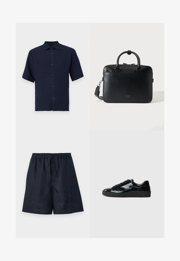 Chemise boutonnée à manches courtes bleu marine avec col, en tissu texturé et cinq boutons noirs sur le devant.; Shorts bleu marine décontractés avec taille élastique et cordon, tissu léger, longueur genou et coupe droite.; Baskets en cuir verni noir avec un bout arrondi, un laçage, une semelle en caoutchouc texturé et une finition lisse.; Porte-documents en cuir noir avec doubles poignées et bandoulière détachable, design minimaliste sur fond uni.