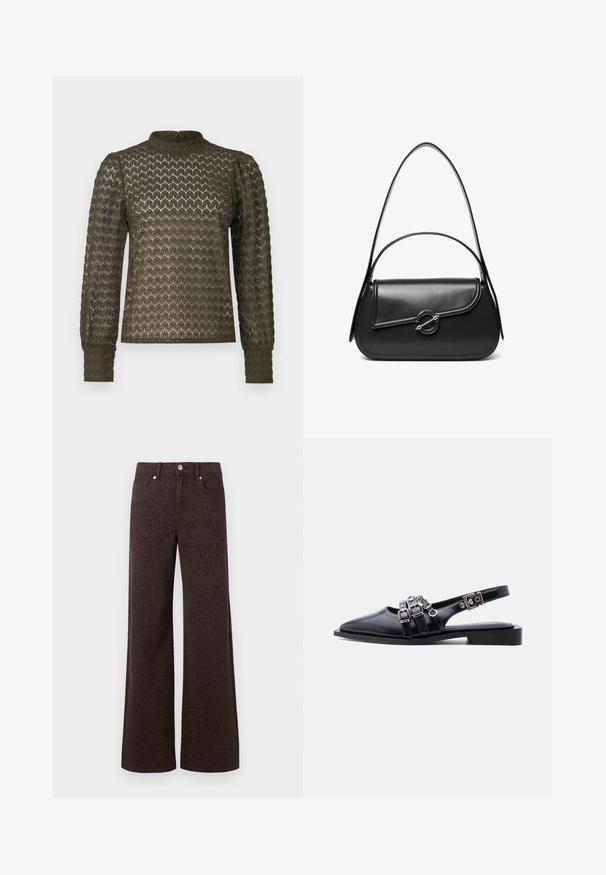 Top de manga larga verde oliva con un patrón texturizado de panal, cuello alto y mangas fruncidas. Tejido ligero con un acabado suave.; Vaqueros de pierna ancha marrones con un sutil patrón de leopardo, confeccionados en denim con una textura suave y un clásico diseño de cinco bolsillos.; Zapato plano tipo slingback de cuero negro con punta puntiaguda, tres correas con hebillas y herrajes plateados sobre fondo blanco.; Bolso de hombro de cuero negro con una solapa curva asegurada por un broche metálico redondo y una correa delgada y ajustable.