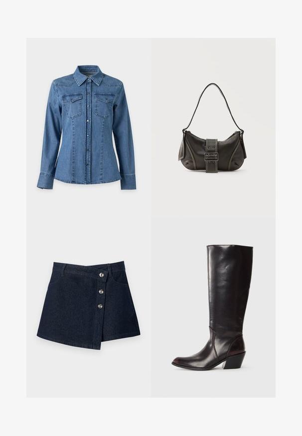 Langärmeliges blaues Denimhemd mit spitzem Kragen, Knopfleiste vorne und zwei Brusttaschen mit Klappen und Knöpfen.; Dunkelblauer Jeans-Minirock mit asymmetrischer Vorderseite, silbernen Knopfverschlüssen, Gürtelschlaufen und Vordertaschen vor einfarbigem Hintergrund.; Knöchelhigh, dunkelbraune Lederstiefel mit spitzem Zeh, eckigem Blockabsatz und glatter, glänzender Textur. Verfügt über ein klares Design und Steppnähte.; Schwarze Leder-Schultertasche mit Schnallengurt-Detail, abgerundeten Kanten und kontrastierenden weißen Nähten auf schlichtem Hintergrund.