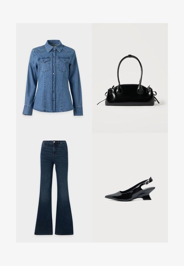 Μακρυμάνικο μπλε τζιν πουκάμισο με μυτερό γιακά, κλείσιμο με κουμπιά μπροστά και δύο τσέπες στο στήθος με καπάκια και κουμπιά.; Σκούρες μπλε τζιν με ψηλή μέση και καμπάνα στο παντελόνι, κλείσιμο με κουμπί και φερμουάρ μπροστά, καθώς και τσέπες μπροστά και πίσω.; Μαύρο παπούτσι slingback από πατενταρισμένο δέρμα με μυτερή μύτη και χαμηλό κεκλιμένο τακούνι τύπου block σε απλό φωτεινό φόντο.; Μικρή μαύρη γυαλιστερή τσάντα με δύο μακριές λαβές και λεπτομέρειες με ρυθμιζόμενο κορδόνι στο πλάι σε απλό ανοιχτό φόντο.