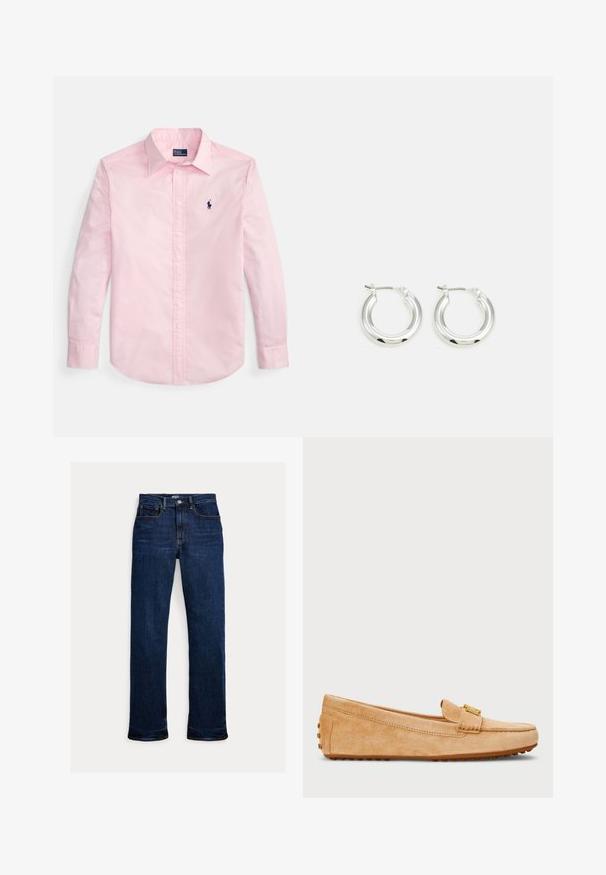 Lyserød langærmet skjorte med knapper, krave og lille mørkeblåt logo broderet på venstre bryst mod hvid baggrund.; Mørkeblå straight-leg jeans med frontknap og lynlås, fem-lomme design og synlige syninger.; Tan ruskinds loafers med en rund tå, der har en guldtonet strop og en gummistøbt ydersål til trækkraft. Glat tekstur.; Sølv hoop-øreringe med en poleret finish, der har en cirkulær form og en hængslet lukning. Glat tekstur med minimal detaljering.